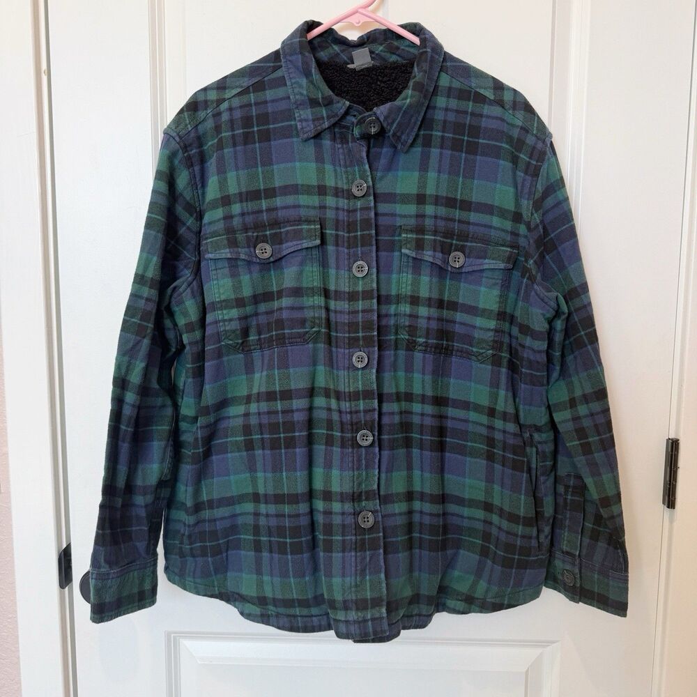 Eddie Bauer Womens Fur‎ Lined Plaid Jacket Size XL Flannel Shacket Chore Coat